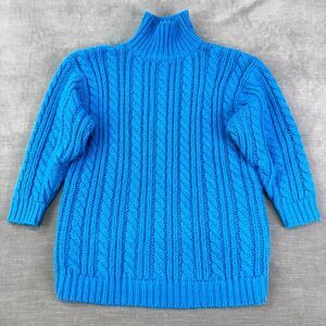 Vintage Espirit Sweater Womens L Blue Wool‎ Turtleneck Cable knit Fisherman Y2K